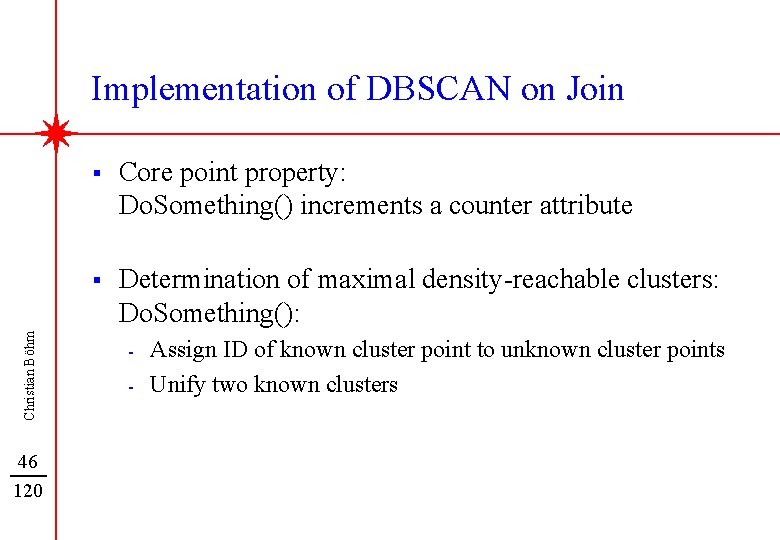 Christian Böhm Implementation of DBSCAN on Join 46 120 § Core point property: Do.