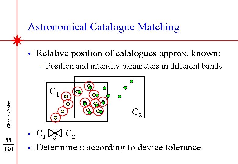 Astronomical Catalogue Matching • Relative position of catalogues approx. known: - Position and intensity