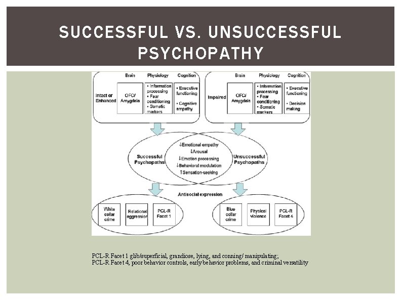 SUCCESSFUL VS. UNSUCCESSFUL PSYCHOPATHY PCL-R Facet 1 glib/superficial, grandiose, lying, and conning/ manipulating; PCL-R