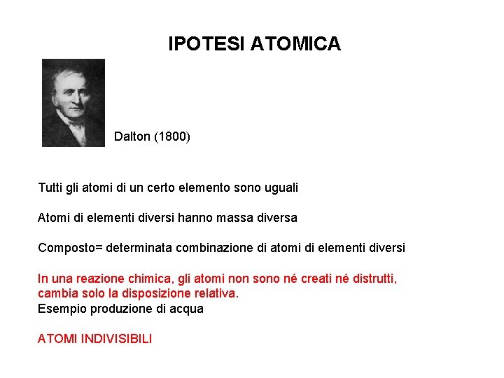 IPOTESI ATOMICA Dalton (1800) Tutti gli atomi di un certo elemento sono uguali Atomi