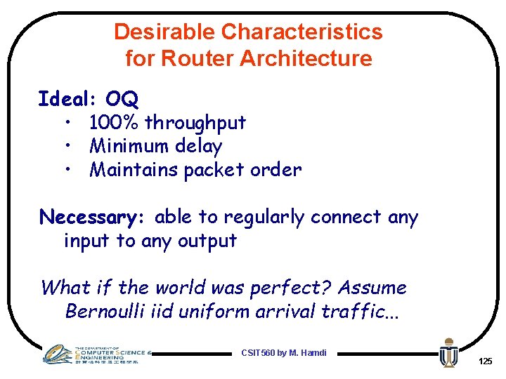 Desirable Characteristics for Router Architecture Ideal: OQ • 100% throughput • Minimum delay •