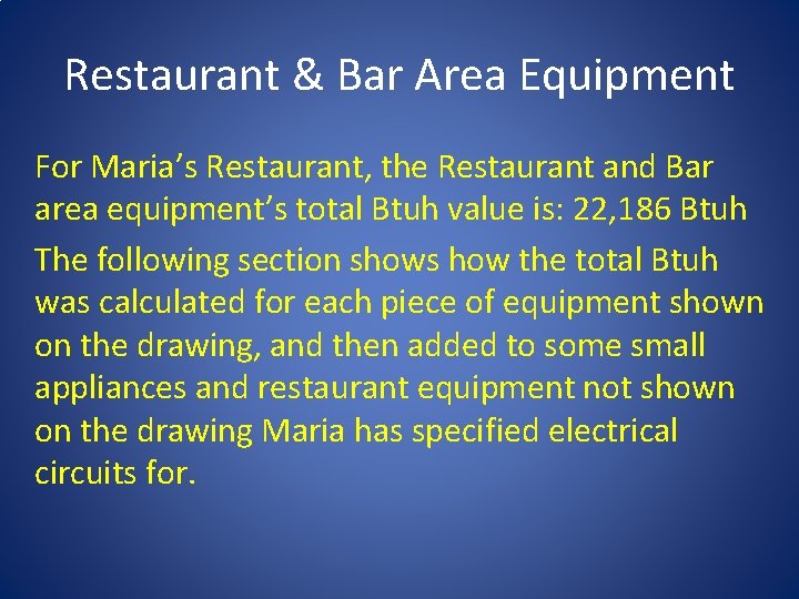 Restaurant & Bar Area Equipment For Maria’s Restaurant, the Restaurant and Bar area equipment’s