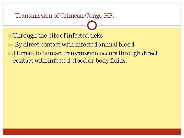 Transmission of Crimean Congo HF. Through the bite of infected ticks. By direct contact