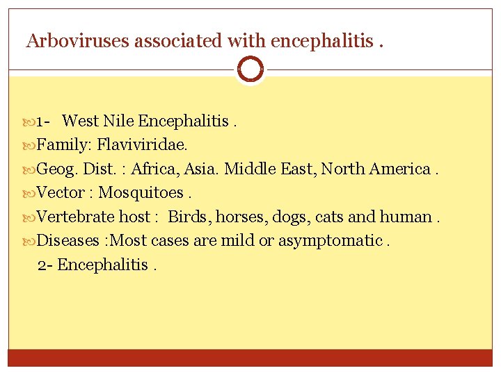 Arboviruses associated with encephalitis. 1 - West Nile Encephalitis. Family: Flaviviridae. Geog. Dist. :