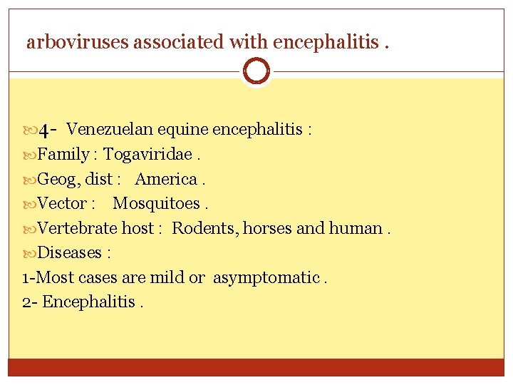 arboviruses associated with encephalitis. 4 - Venezuelan equine encephalitis : Family : Togaviridae. Geog,