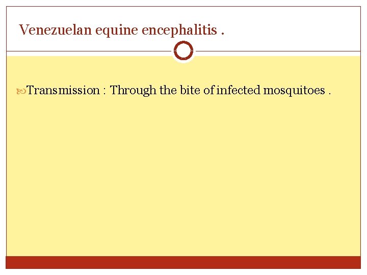 Venezuelan equine encephalitis. Transmission : Through the bite of infected mosquitoes. 