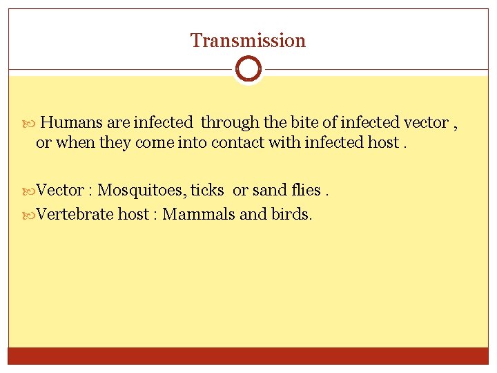 Transmission Humans are infected through the bite of infected vector , or when they