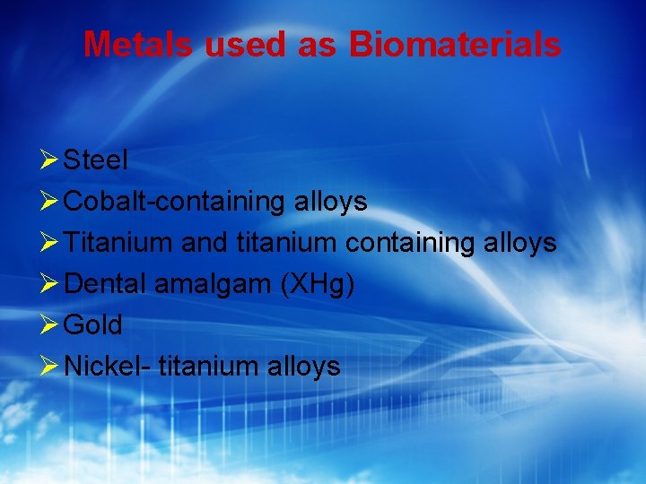 Metals used as Biomaterials Steel Cobalt-containing alloys Titanium and titanium containing alloys Dental amalgam