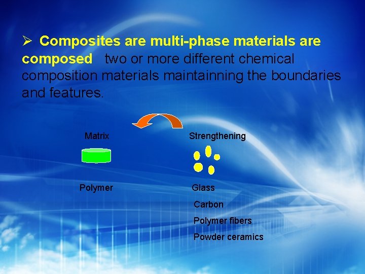 Composites are multi-phase materials are composed two or more different chemical composition materials