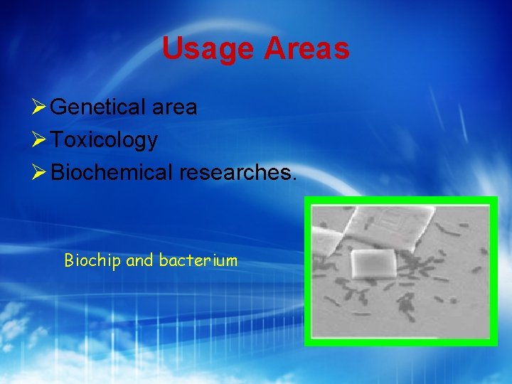 Usage Areas Genetical area Toxicology Biochemical researches. Biochip and bacterium 