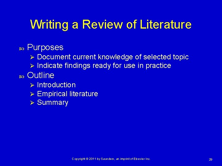 Writing a Review of Literature Purposes Ø Ø Document current knowledge of selected topic