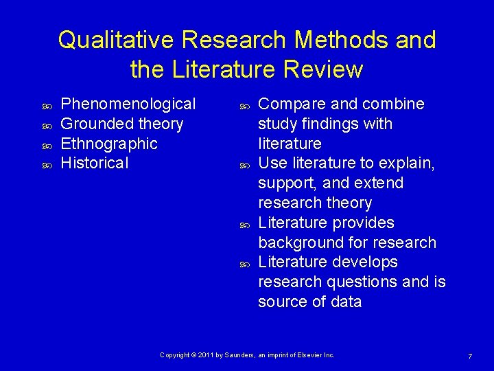 Qualitative Research Methods and the Literature Review Phenomenological Grounded theory Ethnographic Historical Compare and