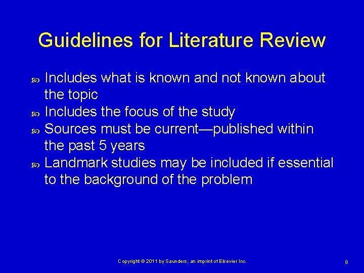 Guidelines for Literature Review Includes what is known and not known about the topic