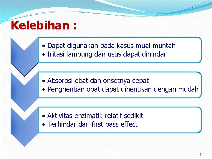 Kelebihan : • Dapat digunakan pada kasus mual-muntah • Iritasi lambung dan usus dapat