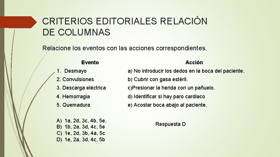 CRITERIOS EDITORIALES RELACIÓN DE COLUMNAS Relacione los eventos con las acciones correspondientes. Evento Acción