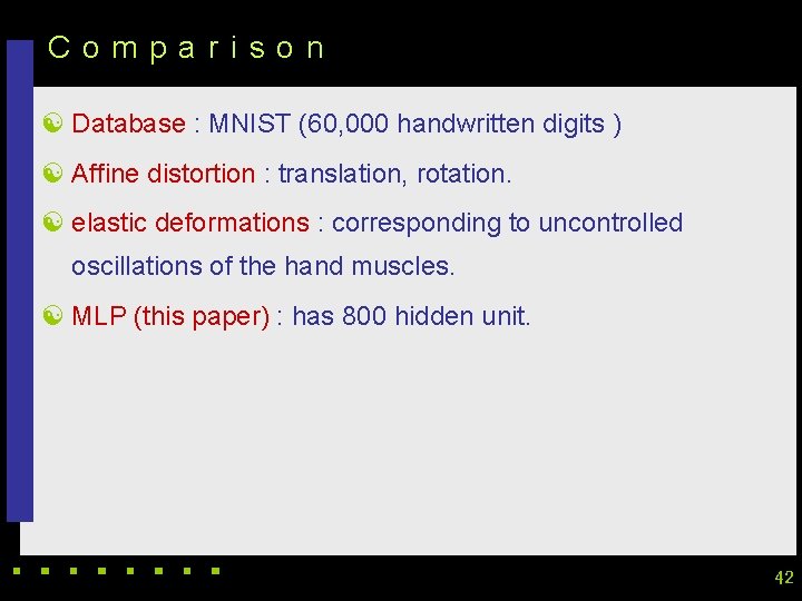 Comparison [ Database : MNIST (60, 000 handwritten digits ) [ Affine distortion :