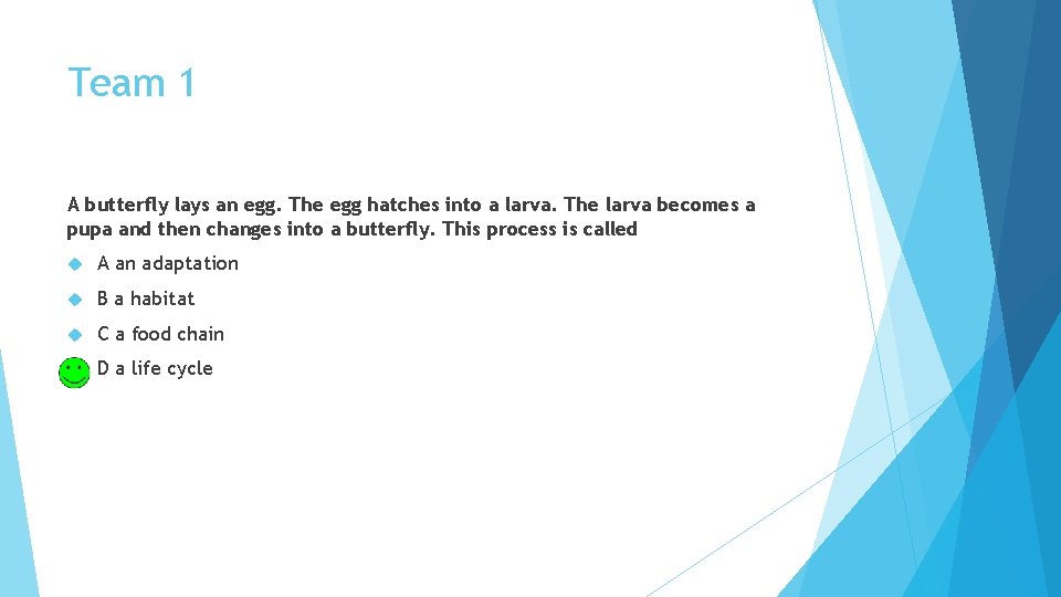 Team 1 A butterfly lays an egg. The egg hatches into a larva. The