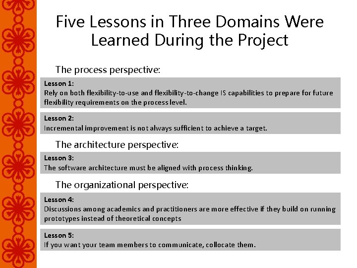 Five Lessons in Three Domains Were Learned During the Project The process perspective: Lesson