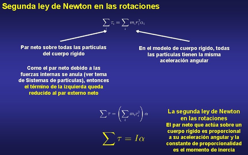 Segunda ley de Newton en las rotaciones Par neto sobre todas las partículas del