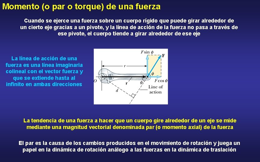 Momento (o par o torque) de una fuerza Cuando se ejerce una fuerza sobre