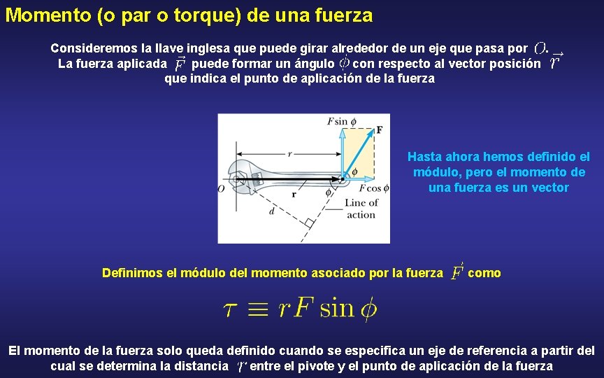 Momento (o par o torque) de una fuerza Consideremos la llave inglesa que puede