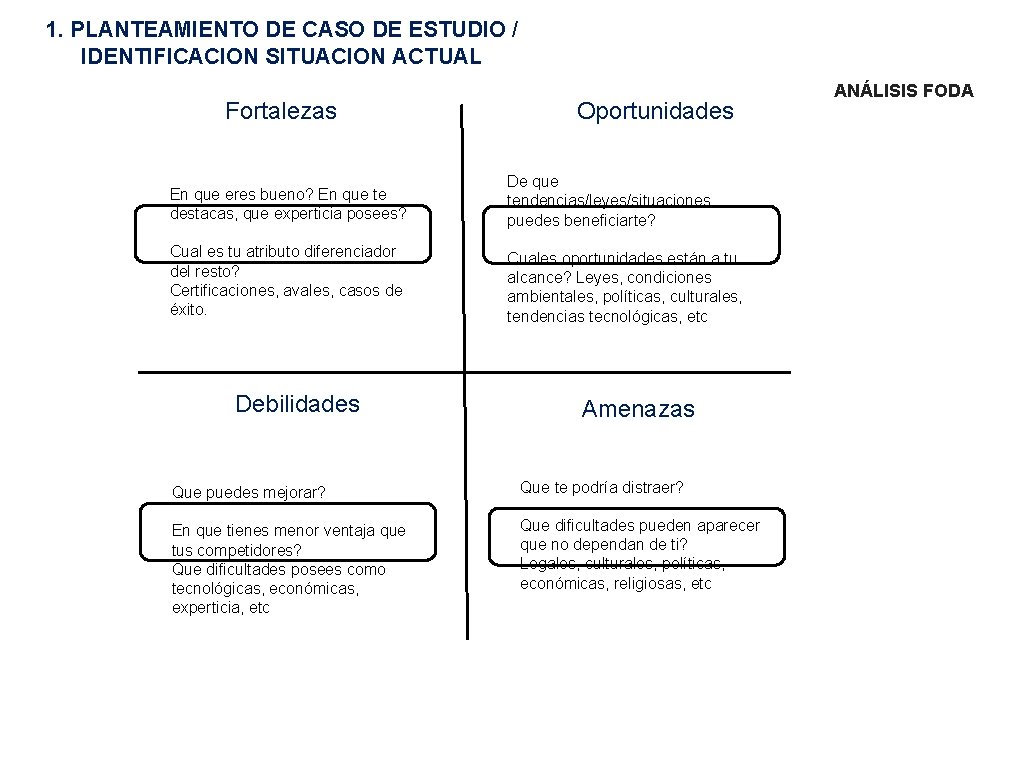 1. PLANTEAMIENTO DE CASO DE ESTUDIO / IDENTIFICACION SITUACION ACTUAL Fortalezas Oportunidades En que