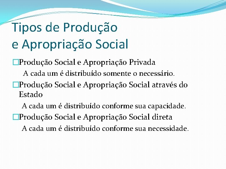 Tipos de Produção e Apropriação Social �Produção Social e Apropriação Privada A cada um