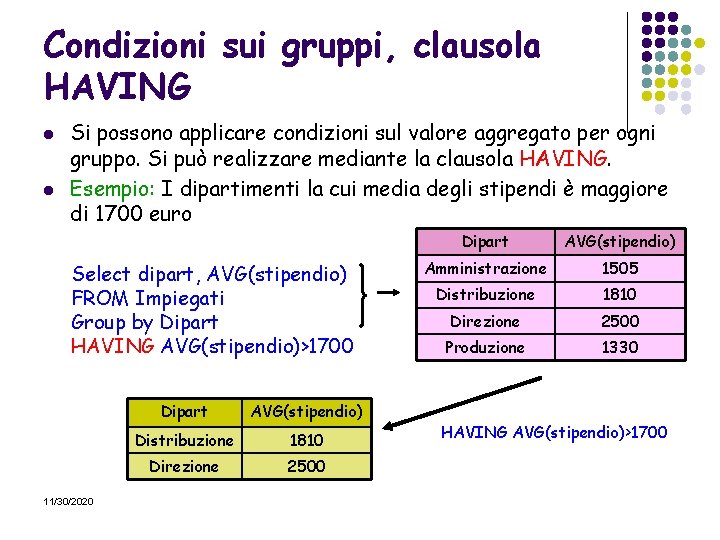 Condizioni sui gruppi, clausola HAVING l l Si possono applicare condizioni sul valore aggregato