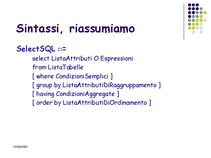 Sintassi, riassumiamo Select. SQL : : = select Lista. Attributi O Espressioni from Lista.