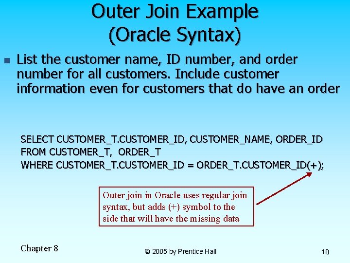 Outer Join Example (Oracle Syntax) n List the customer name, ID number, and order