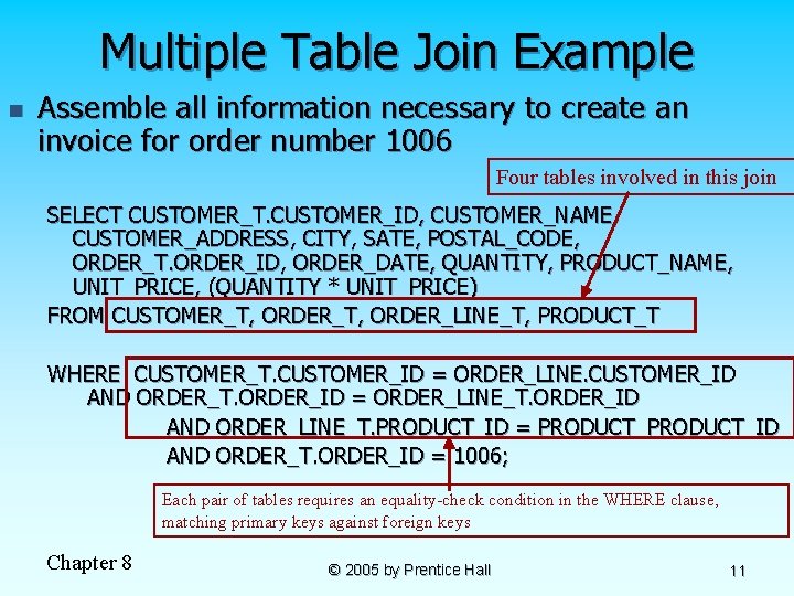 Multiple Table Join Example n Assemble all information necessary to create an invoice for
