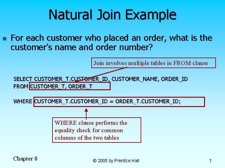 Natural Join Example n For each customer who placed an order, what is the