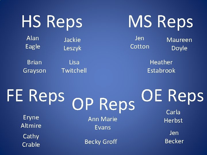 HS Reps MS Reps Alan Eagle Jackie Leszyk Jen Cotton Brian Grayson Lisa Twitchell