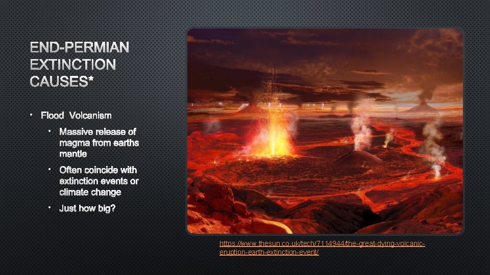 END-PERMIAN EXTINCTION CAUSES* • FLOOD VOLCANISM • MASSIVE RELEASE OF MAGMA FROM EARTHS MANTLE