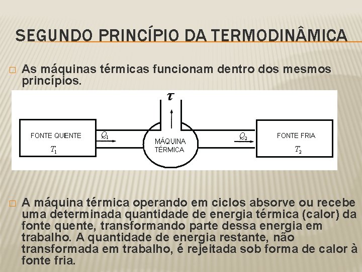 SEGUNDO PRINCÍPIO DA TERMODIN MICA � As máquinas térmicas funcionam dentro dos mesmos princípios.