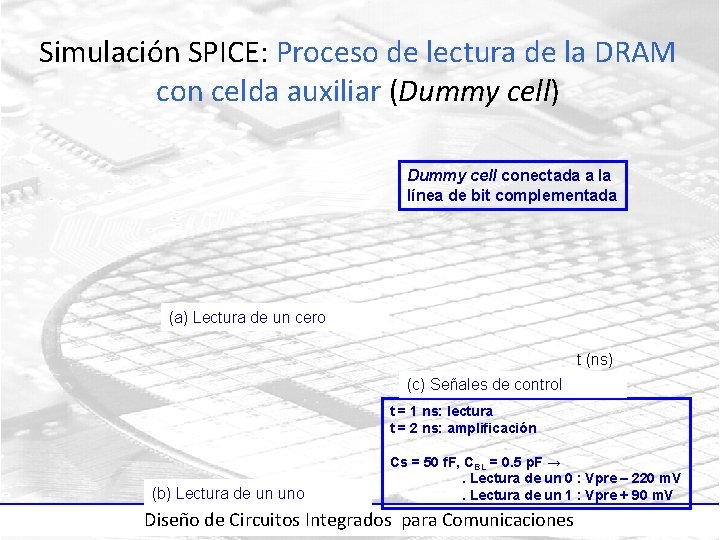 Simulación SPICE: Proceso de lectura de la DRAM con celda auxiliar (Dummy cell) Dummy