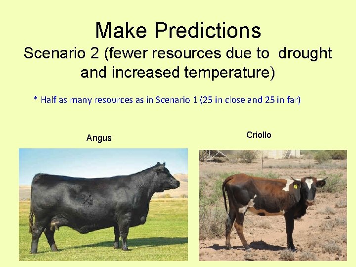 Make Predictions Scenario 2 (fewer resources due to drought and increased temperature) * Half