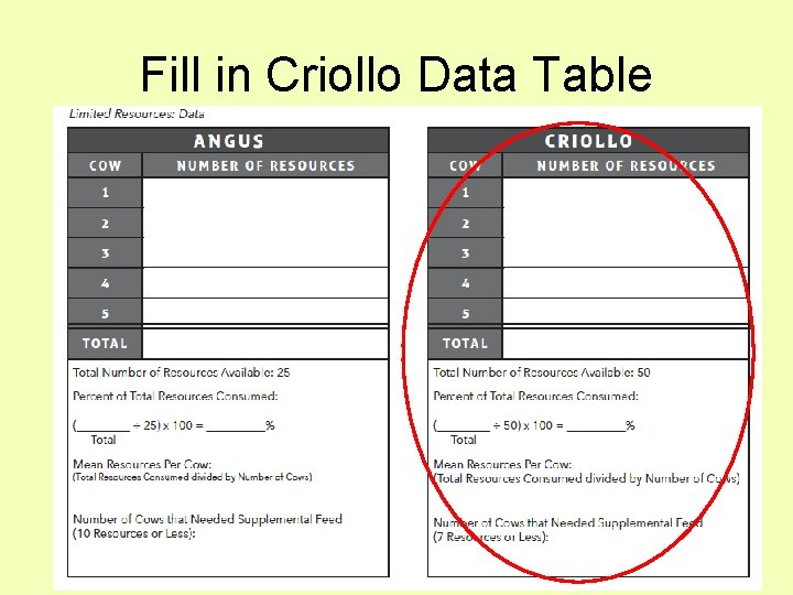 Fill in Criollo Data Table 