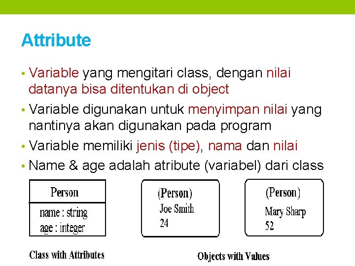 Attribute • Variable yang mengitari class, dengan nilai datanya bisa ditentukan di object • Attribute • Variable yang mengitari class, dengan nilai datanya bisa ditentukan di object •