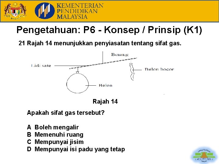 Pengetahuan: P 6 - Konsep / Prinsip (K 1) 21 Rajah 14 menunjukkan penyiasatan