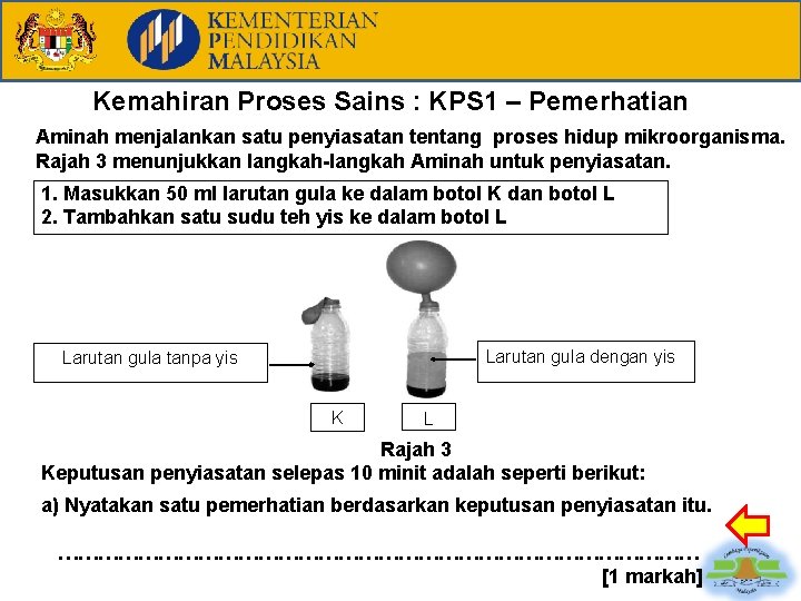 Kemahiran Proses Sains : KPS 1 – Pemerhatian Aminah menjalankan satu penyiasatan tentang proses