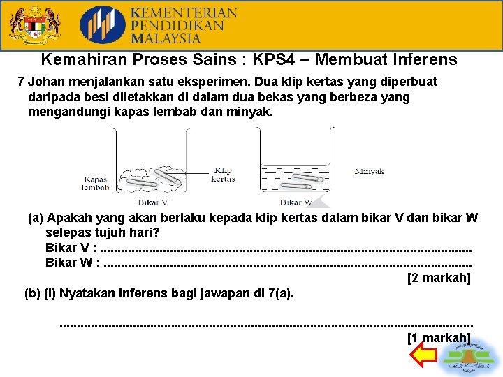 Kemahiran Proses Sains : KPS 4 – Membuat Inferens 7 Johan menjalankan satu eksperimen.