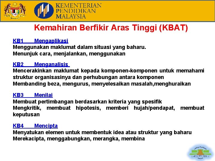 Kemahiran Berfikir Aras Tinggi (KBAT) KB 1 Mengaplikasi Menggunakan maklumat dalam situasi yang baharu.