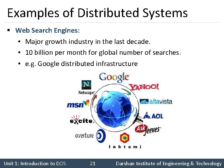 Examples of Distributed Systems § Web Search Engines: • Major growth industry in the