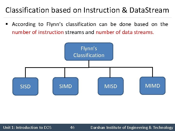 Classification based on Instruction & Data. Stream § According to Flynn’s classification can be