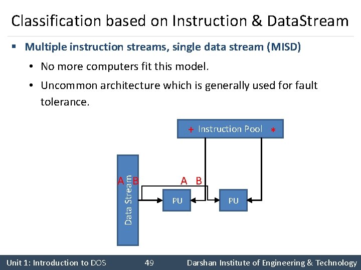 Classification based on Instruction & Data. Stream § Multiple instruction streams, single data stream