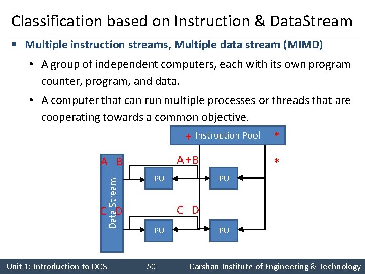 Classification based on Instruction & Data. Stream § Multiple instruction streams, Multiple data stream Classification based on Instruction & Data. Stream § Multiple instruction streams, Multiple data stream