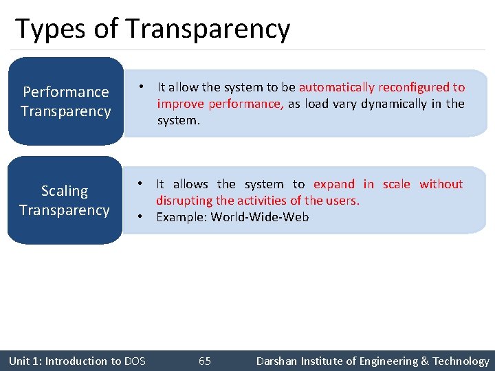Types of Transparency Performance Transparency • It allow the system to be automatically reconfigured Types of Transparency Performance Transparency • It allow the system to be automatically reconfigured