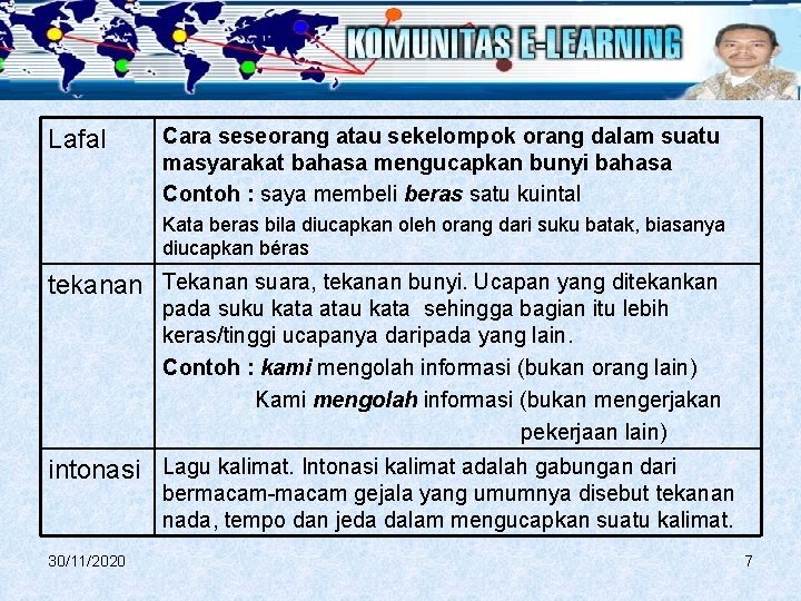 Lafal Cara seseorang atau sekelompok orang dalam suatu masyarakat bahasa mengucapkan bunyi bahasa Contoh