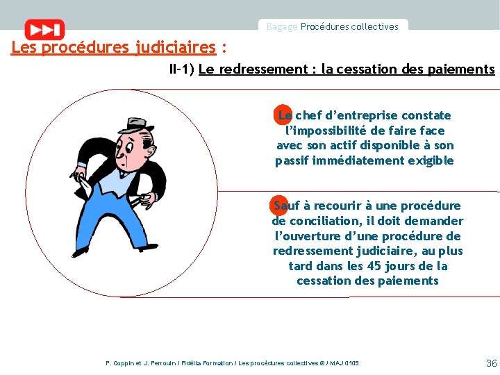 Bagage Procédures collectives Les procédures judiciaires : II-1) Le redressement : la cessation des